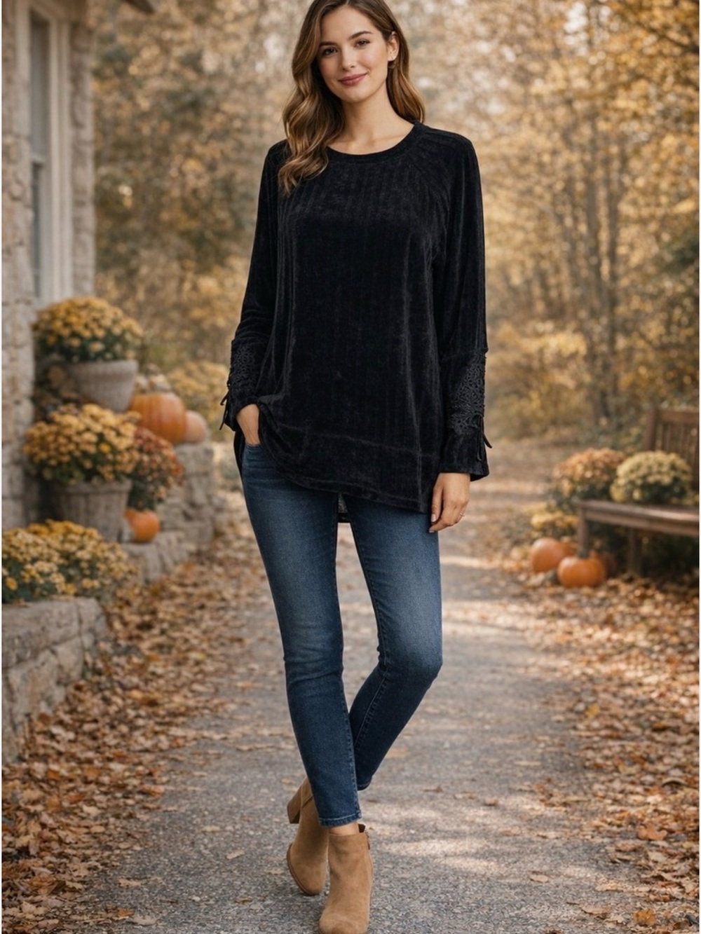Knox Rose Black Chenille Sweater With Crochet Cut Out Sleeve Size XL Dark Boho - Picture 2 of 11